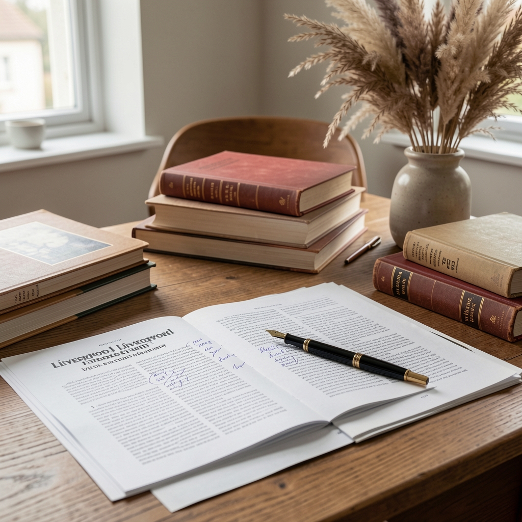 Liverpool editorial desk with marked-up articles, fountain pen, reference books and dried grasses in a ceramic vase