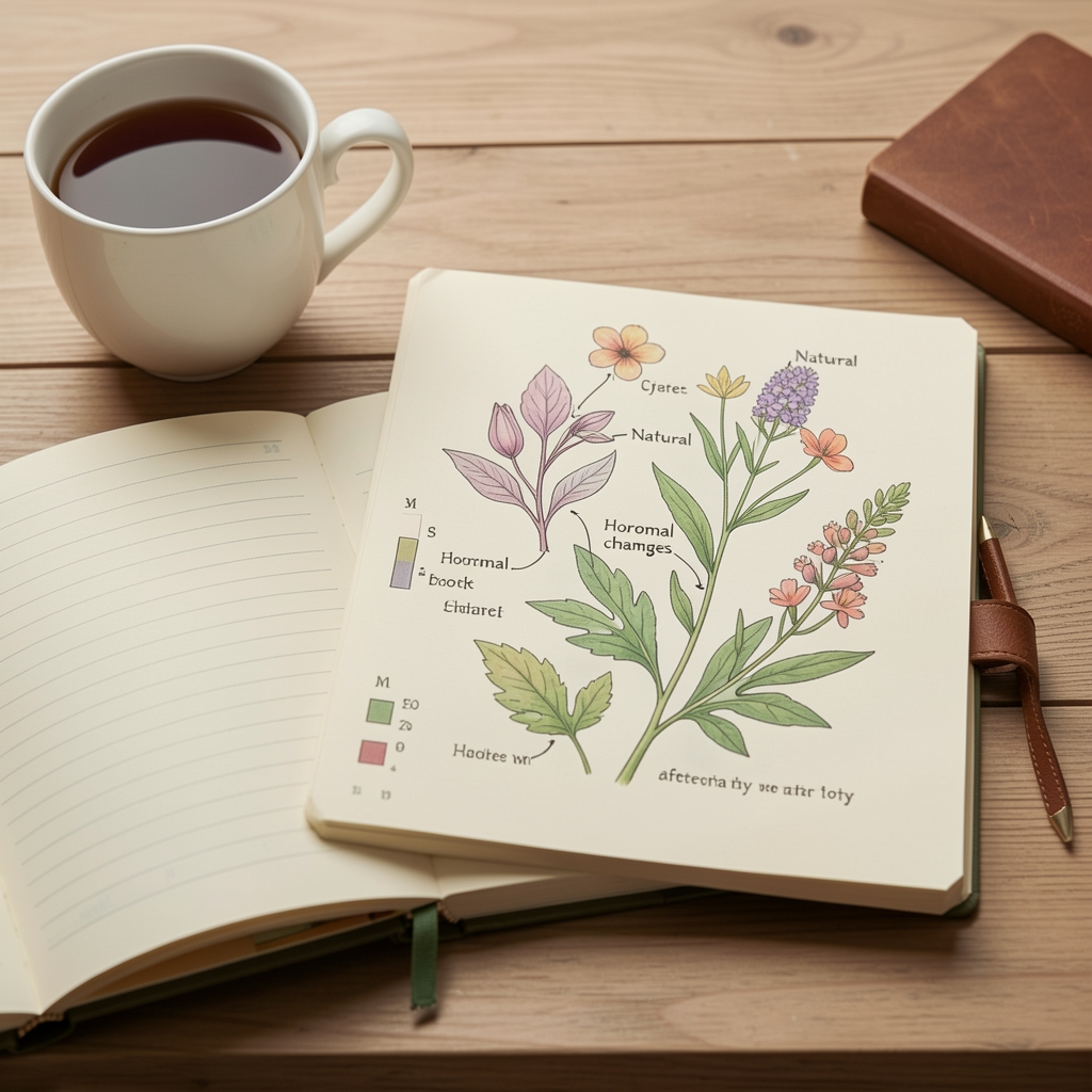 Open notebook beside tea and a botanical illustration mapping natural hormonal changes after forty