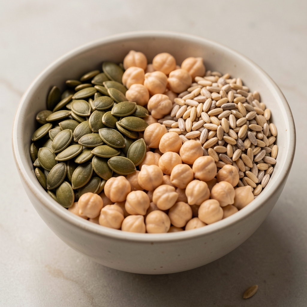 Bowl of pumpkin seeds, chickpeas and whole grains arranged as a visual guide to zinc-rich foods