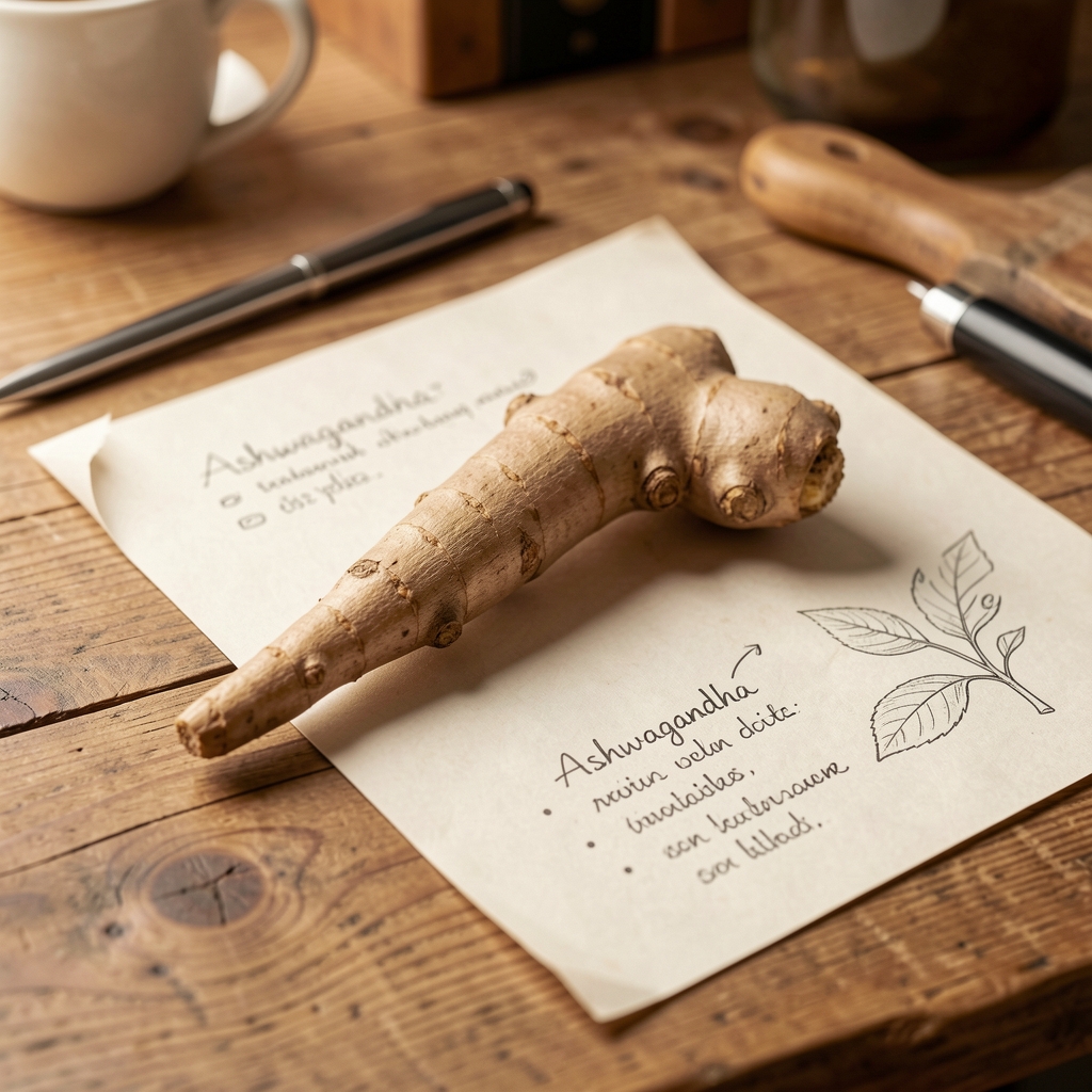Ashwagandha root and labelled botanical notes on a natural wood editorial desk