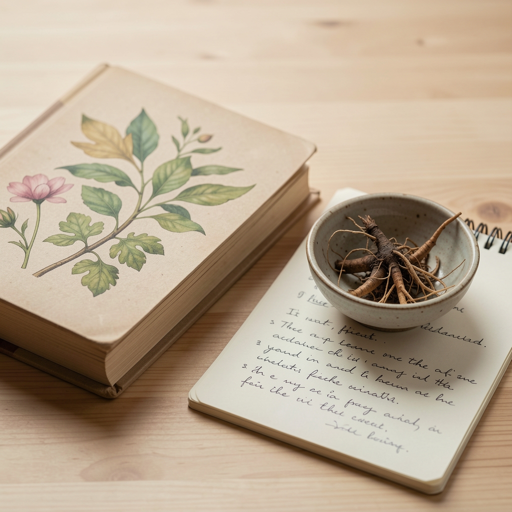 Botanical book and careful handwritten research notes beside a small ceramic bowl of roots