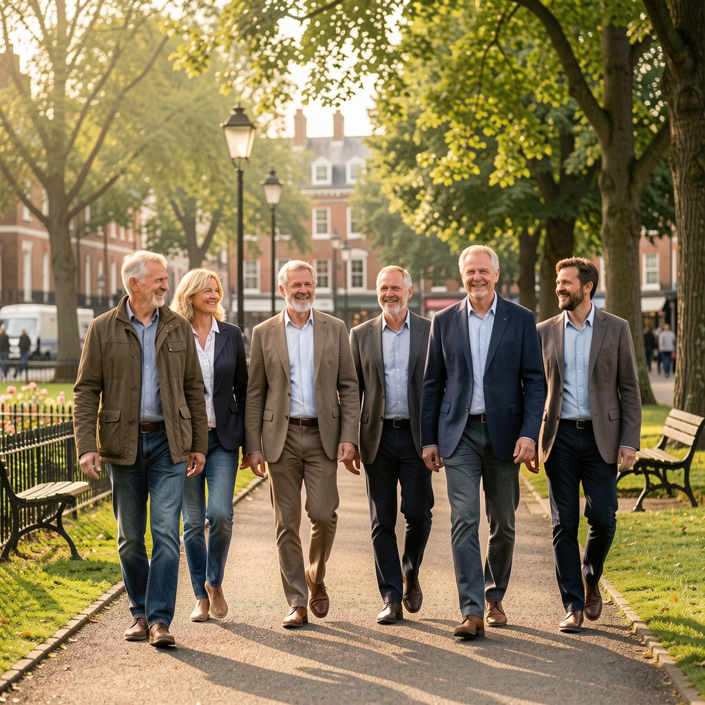 Adults over forty walking together through a Liverpool park in soft afternoon light