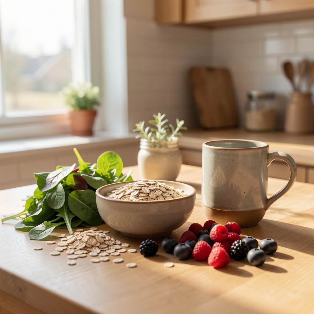 Sunlit kitchen counter with oats, leafy greens, berries and a ceramic mug arranged for a balanced breakfast study