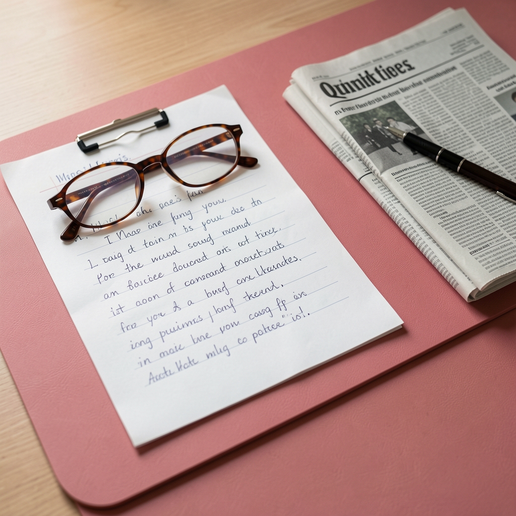 Handwritten research notes, reading glasses and a folded newspaper on a rose-coloured desk mat