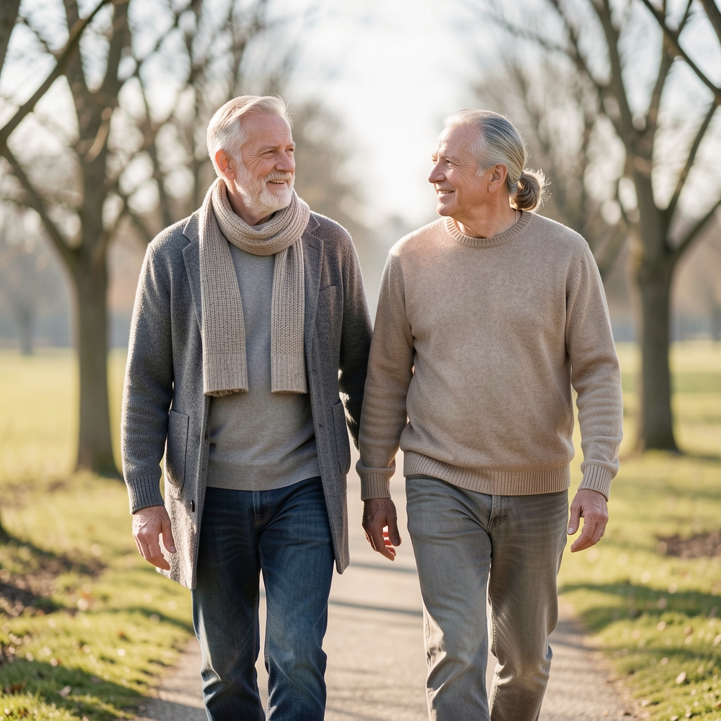 Mature couple walking beside the River Mersey on a cool bright morning with comfortable layers