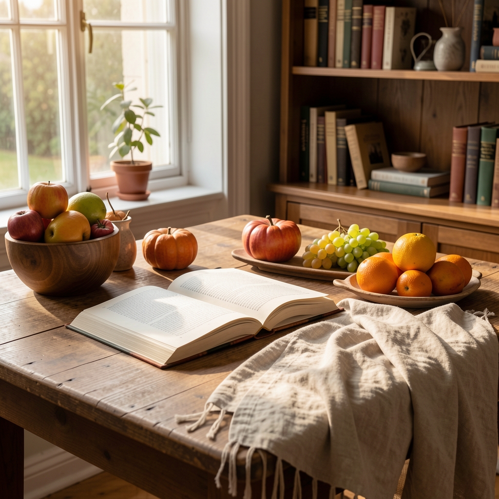 Bright Liverpool reading room with an open journal, seasonal fruit, linen textiles and morning light across a wooden desk