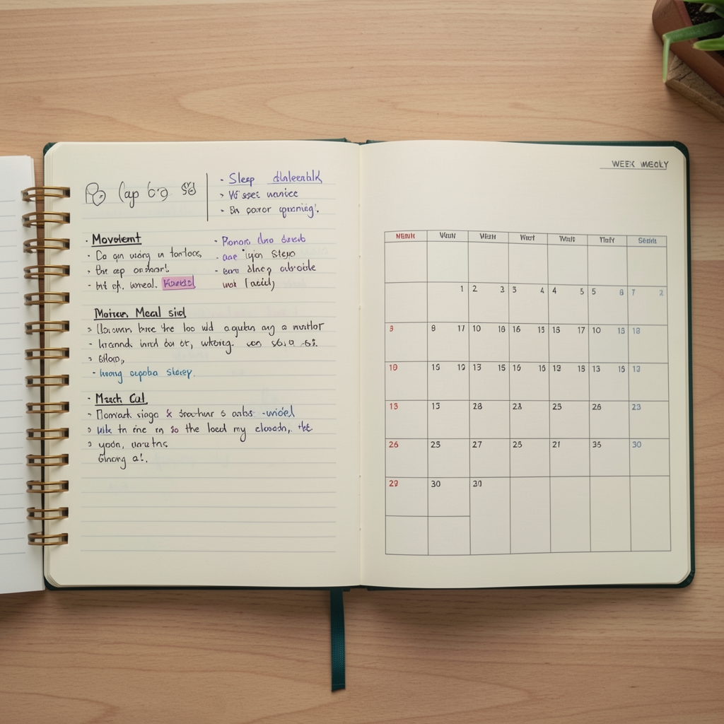 Notebook with sleep, movement and meal notes arranged beside a simple weekly calendar