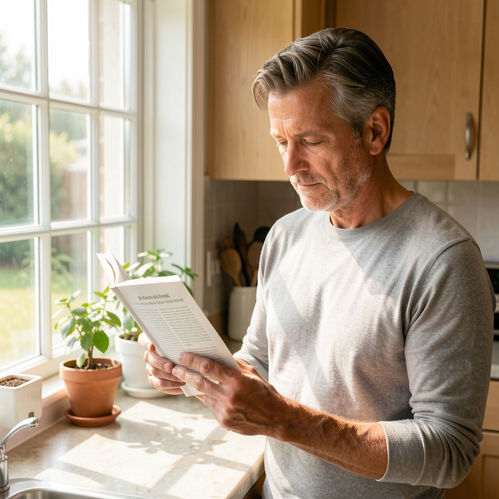 Person in their forties reading a thoughtful wellness article beside a sunny kitchen window