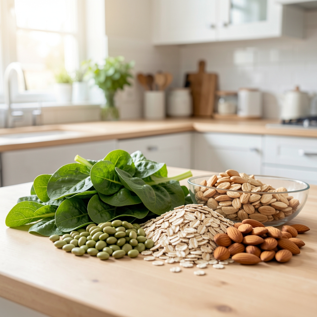 Leafy greens, beans, oats and almonds arranged in a bright home kitchen for a magnesium food guide