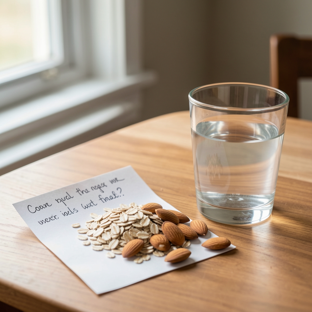 Handwritten meal notes beside almonds, oats and a glass of water on a calm breakfast table
