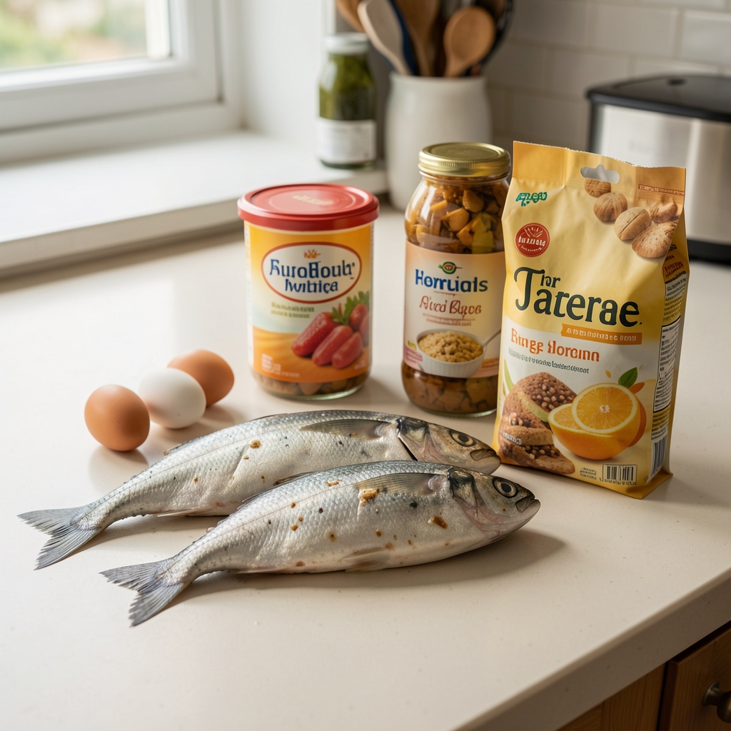 Oily fish, eggs and fortified breakfast food arranged on a pale kitchen counter