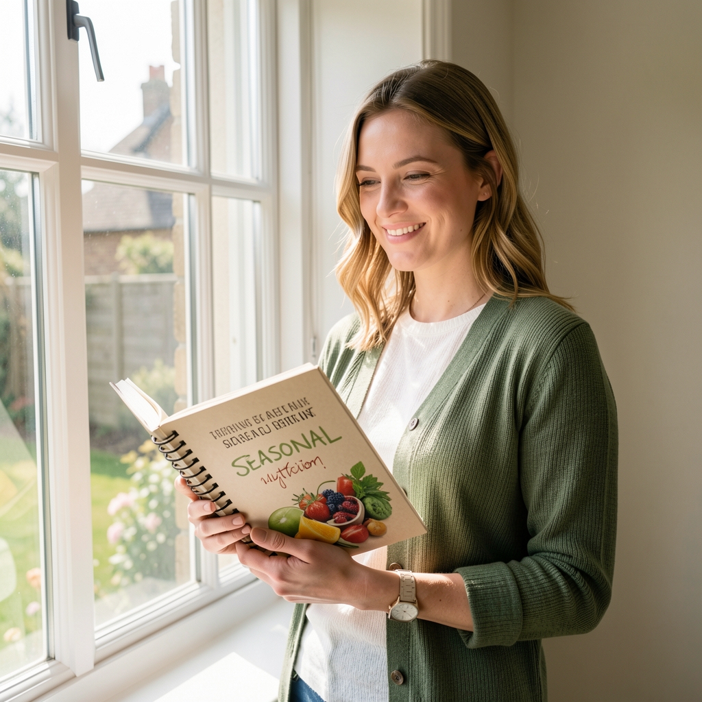 Person standing near a bright UK window with a notebook about seasonal nutrition and daylight