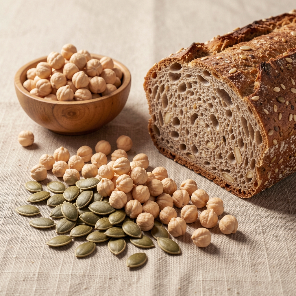 Pumpkin seeds, chickpeas and wholegrain bread displayed as zinc-containing foods on a linen table