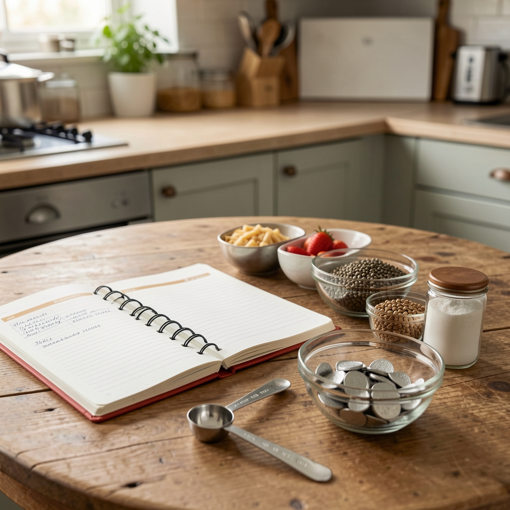 Kitchen table with a food diary, measuring spoon and varied zinc-containing ingredients ready for meal planning